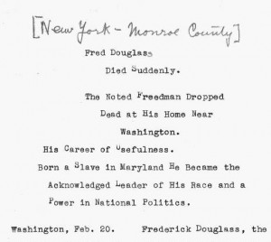 Report of Douglass' death, 1895, via the Siebert Collection
