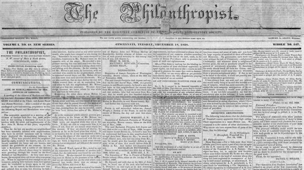 Front page of the Philanthropist, December 18, 1838.