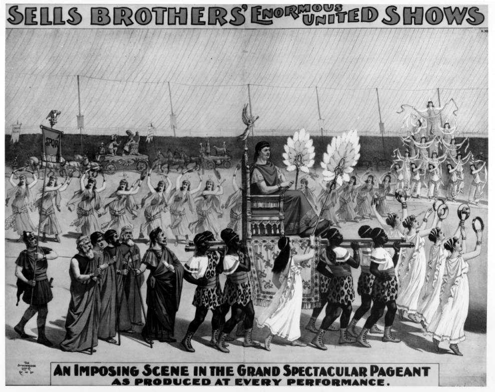 Poster for the Sells Brothers Circus depicting a parade of circus performers, via Ohio Memory 