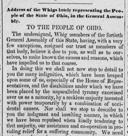 Letter from the Whigs announcing their resignation, from the August 12, 1842 issue of the Daily Ohio State Journal.