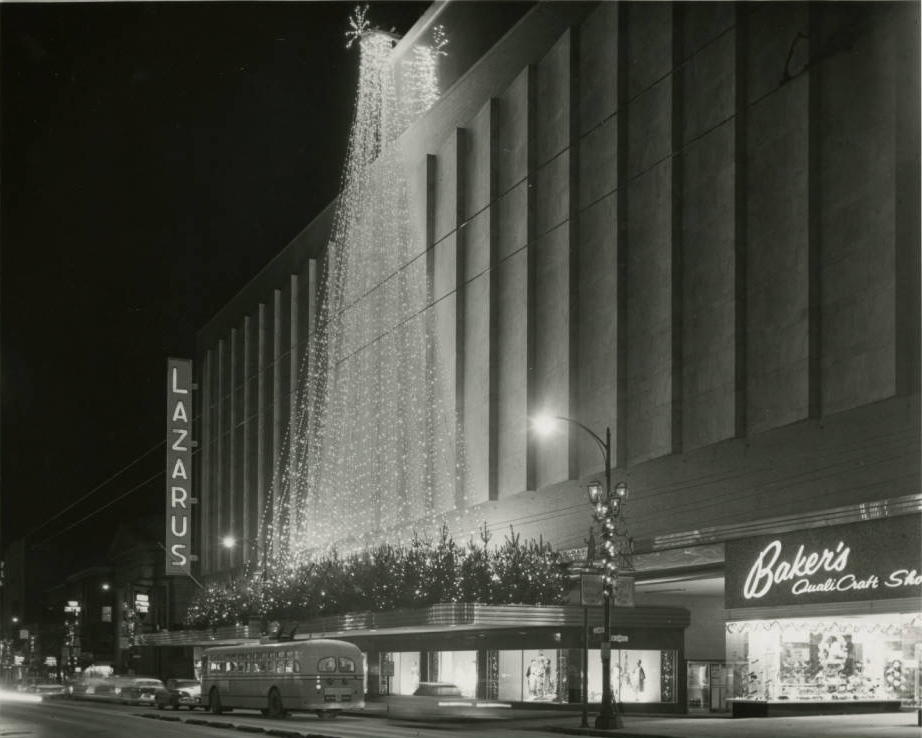 Lazarus storefront decorated for Christmas, ca. 1955. Via Ohio Memory.