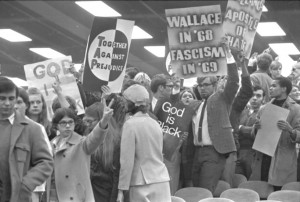 Protestors gathered at the Cincinnati Convention Center to demonstrate against the racial segregation platform of Alabama Governor and American Independent Party presidential candidate George Wallace, October 26, 1968. Via Ohio Memory.