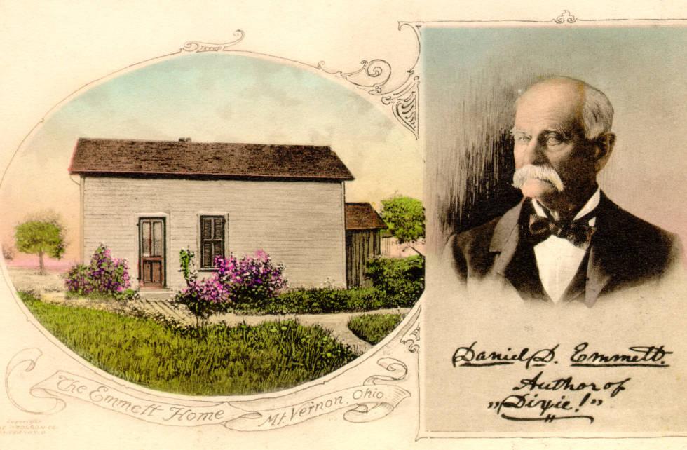 Postcard of Daniel Emmett and his home in Mount Vernon, Ohio, via Ohio Memory.