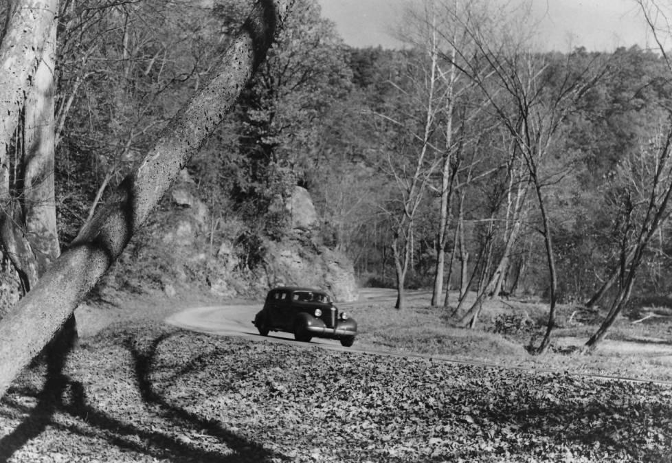 Car driving near Ash Cave in Hocking County, Ohio, ca. 1940. Via Ohio Memory.