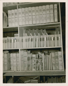 The caption on the reverse of this Ohio Guide Collection photograph reads: "This picture shows collectively all the badly damaged volumes to be found among Montgomery County archives and does not represent a true picture of the records as a whole. Mention can be made here that the archives of Montgomery County are in a good state of preservation, but if neglected over a period of time, a condition like the one above could be generally accepted."
