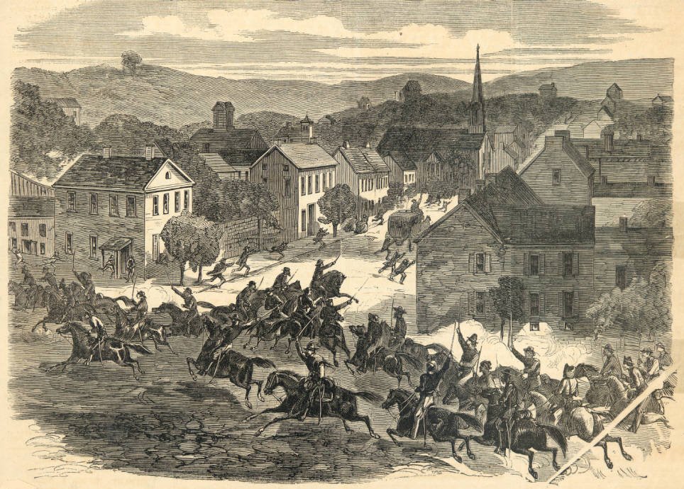 Illustration of the entry of Morgan's Raiders into Washington, Ohio, published in Harper's Weekly, August 15, 1863. Via Ohio Memory.