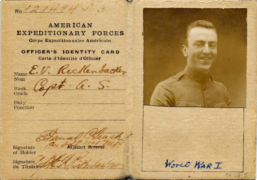 Identity card used by Eddie Rickenbacker during World War I, courtesy of the National Museum of the United States Air Force via Ohio Memory.