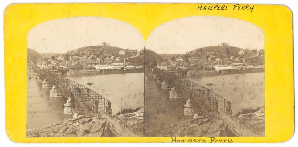 Stereograph view of a bridge at Harper's Ferry, West Virginia (once Virginia), via Ohio Memory.