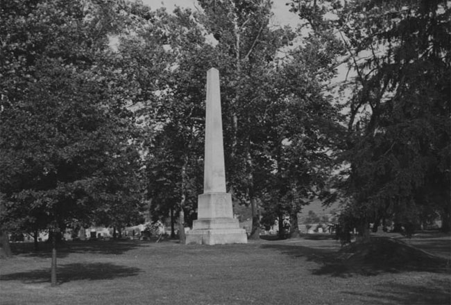 Gnadenhutten monument erected in honor of those killed March 8, 1782, in Tuscarawas County, Ohio. Via Ohio Memory.
