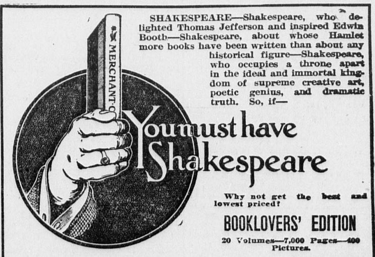 Advertisement from the Perrsyburg Journal for the Booklovers' Edition of Shakespeare, the "best...in existence."