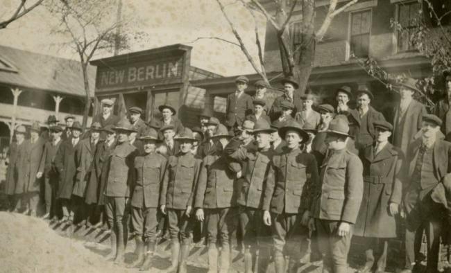 World War I soldiers in the public square of New Berlin, Ohio, which would soon be renamed North Canton, 1917. Courtesy of the North Canton Heritage Society via Ohio Memory.