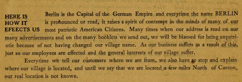 Excerpt from pamphlet titled "Concerning the change of the name of New Berlin," courtesy of the North Canton Heritage Society via Ohio Memory.