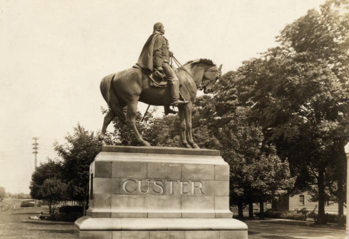 Memorial statue to General Custer, located in New Rumley, Ohio. Via Ohio Memory.