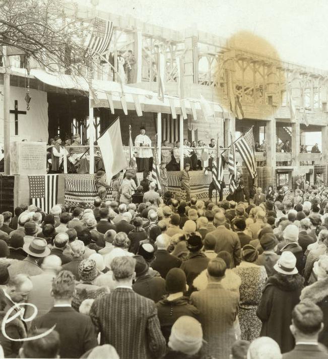 On October 20, 1929, Monsignor Joseph Och, third rector-president of the Columbus seminary, delivers the address at the cornerstone laying ceremony for the administrative and seminary wings of the Josephinum. Courtesy of the Pontifical College Josephinum via Ohio Memory.