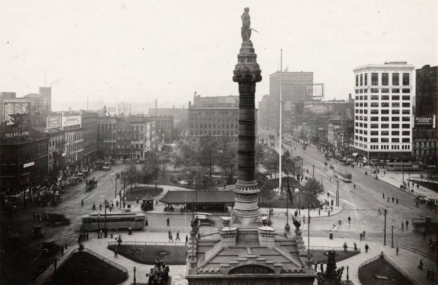 View of Cleveland Public Square in 1920, showing the many forms of transportation that shared the road. Via Ohio Memory.