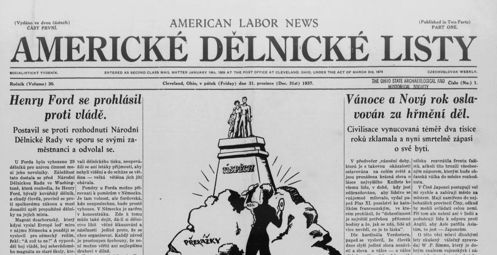 Masthead and front page from the Americké Dělnické Listy (American Workingmen's News), December 31, 1937. 