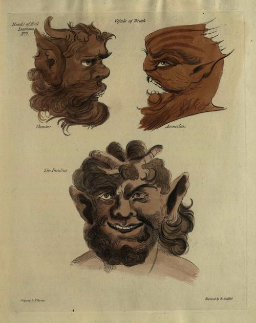 Heads of Evil Demons, or Vessels of Wrath, from The Magus. Designed by Barrett and engraved by R. Griffith. 