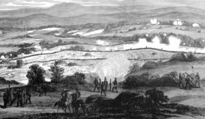 Illustration captioned "Battle of Gettysburg, Thursday Evening, July 2nd, 1863, as seen from Rocky Hill on Meade's Left" from Frank Leslie's "Pictorial History of the American Civil War," via Ohio Memory.