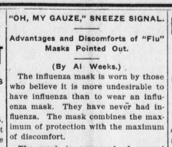 Newspaper clipping of an article titled "Oh, my gauze" sneeze signal. The article discusses masks used during the 1918 influenza pandemic.