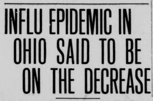 Newspaper clipping of an article reading "Influ epidemic in Ohio said to be on the decrease."